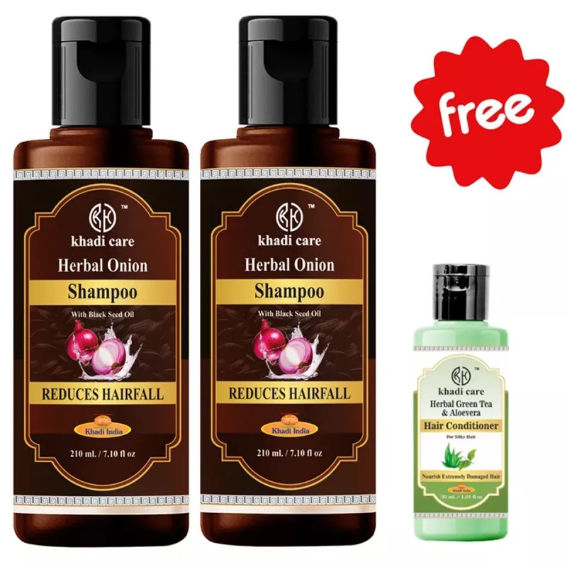 Khadi Care Herbal Onion Shampoo With Black Seed Oil Free Green Tea Aloevera Hair Conditioner (Shampoo Each 210ml + Free Condition 30ml) (1Pack, Pack of 2)