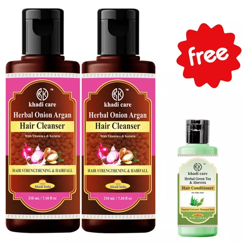 Khadi Care Herbal Onion Argan Hair Cleanser Free Green Tea Aloevera Hair Conditioner (Shampoo Each 210ml + Free Condition 30ml) (1Pack, Pack of 2)