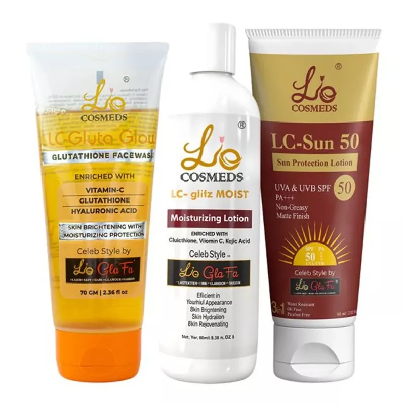 Lio Cosmeds Lc Gluta Glow Glutathione Facewash + Lc Glitz Moist Moisturizing Lotion + Lc Sun50 Sun Protection Lotion (Facewash 70g + Lotion 50ml + Sunscreen Lotion 60ml) (1Pack)
