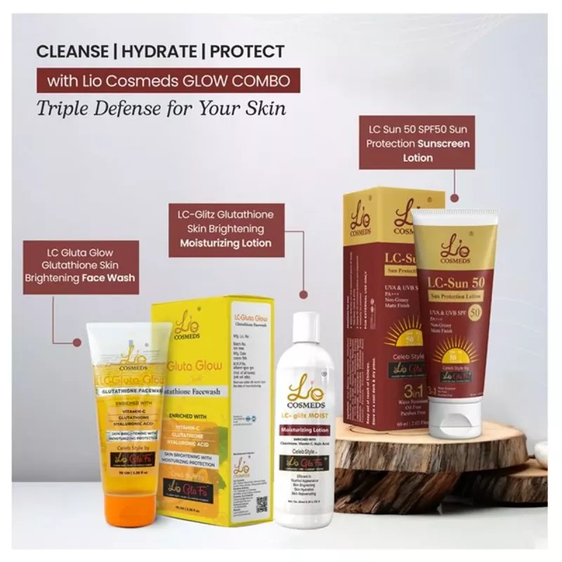 Lio Cosmeds Lc Gluta Glow Glutathione Facewash + Lc Glitz Moist Moisturizing Lotion + Lc Sun50 Sun Protection Lotion (Facewash 70g + Lotion 50ml + Sunscreen Lotion 60ml) (1Pack)