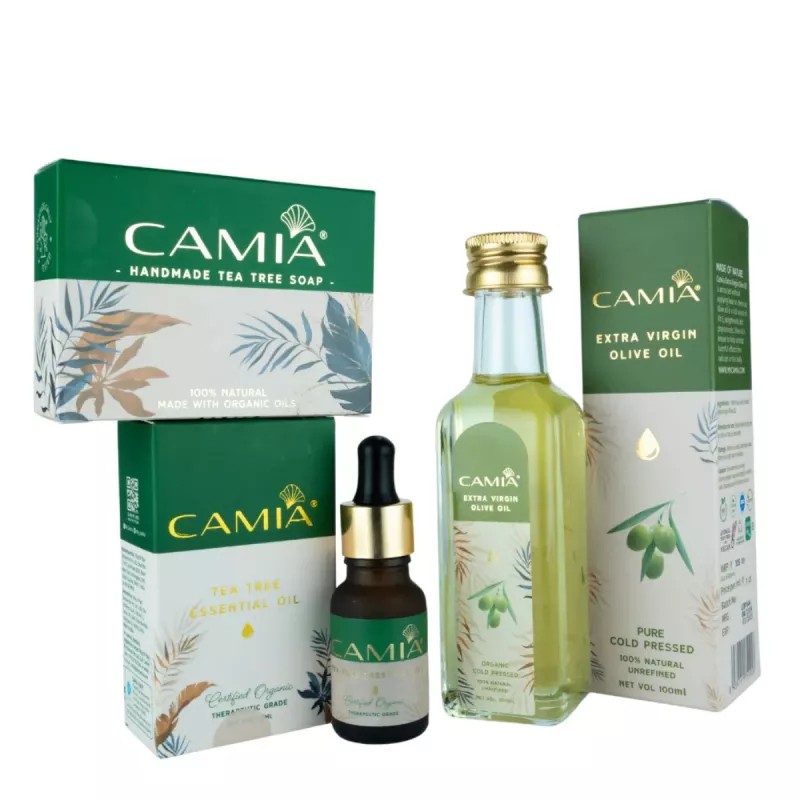 Camia Tea Tree Soap + Tea Tree Essential Oil + Extra Virgin Olive Oil (Soap 125g + Essential Oil 15ml + Olive Oil 100ml) (1Pack)
