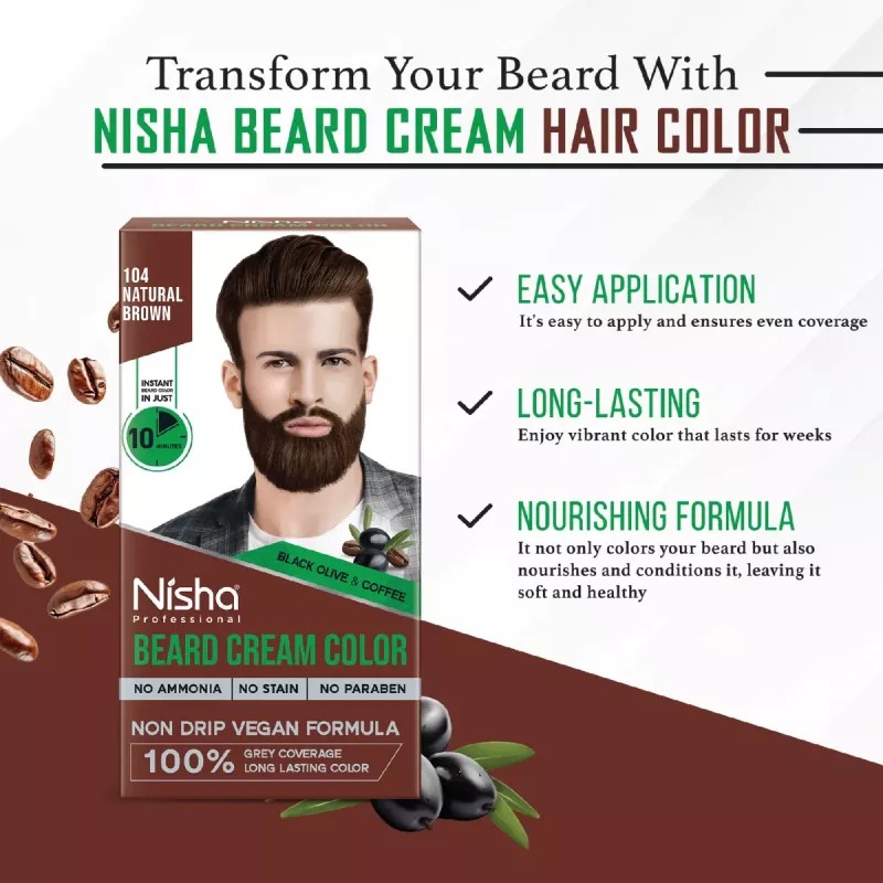 Nisha Beard Cream Color For Men 104 Natural Brown (Developer 20g + Colorant 20ml) (40g)