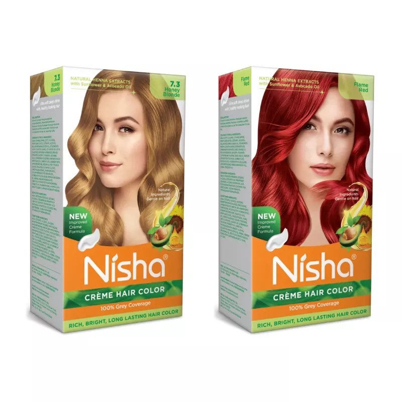 Nisha Creme Hair Color Combo Honey Blonde And Flame Red (Each (Color Cream 60g + Developer 60 + Conditioner 6ml) (1Pack)