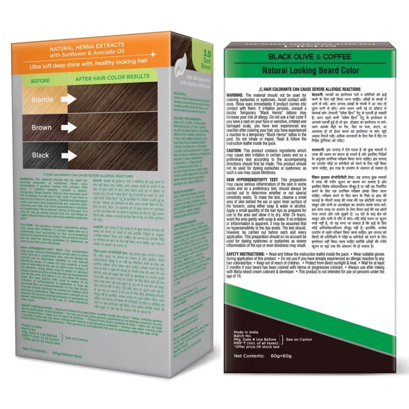 Nisha Creme Hair Colour Dark Brown And Beard Colour Brown Black Combo (Hair Color Developer 60g + Colorant 60ml + Conditioner 6ml) (Beard Color Developer 60g + Colorant 60ml) (1Pack)