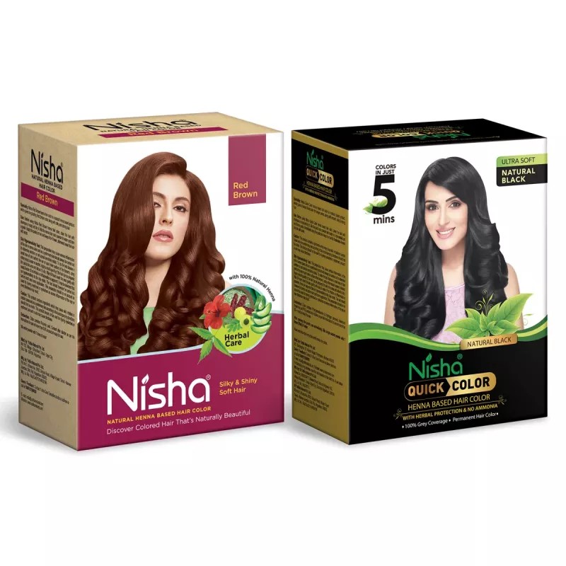 Nisha Henna Based Hair Color Red Brown And Quick Hair Colour 5 Minute Natural Black (Red Brown 1 Carton Contain 6 N Each 15g + Black 1 Carton Contain 6 N Each 10g) (1Pack)