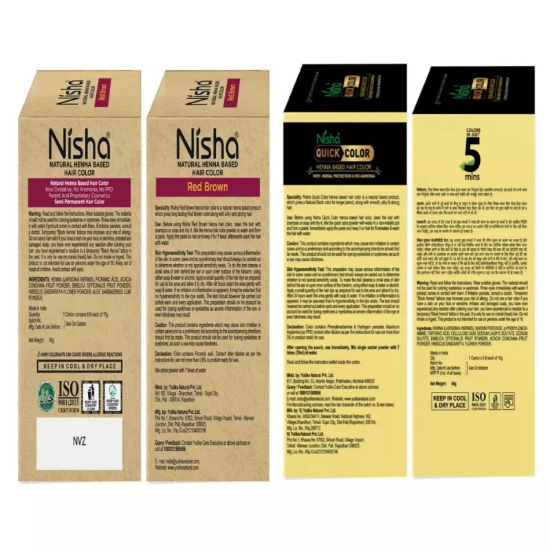 Nisha Henna Based Hair Color Red Brown And Quick Hair Colour 5 Minute Natural Black (Red Brown 1 Carton Contain 6 N Each 15g + Black 1 Carton Contain 6 N Each 10g) (1Pack)