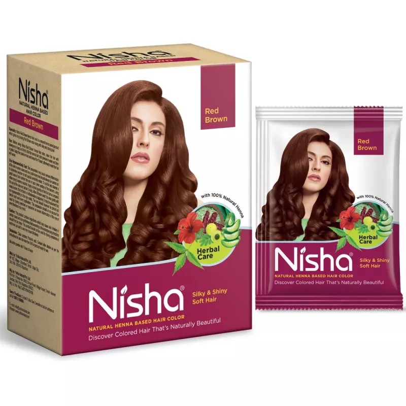 Nisha Henna Based Hair Color Red Brown And Quick Hair Colour 5 Minute Natural Black (Red Brown 1 Carton Contain 6 N Each 15g + Black 1 Carton Contain 6 N Each 10g) (1Pack)