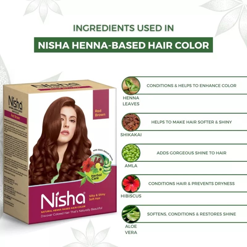 Nisha Henna Based Hair Color Red Brown And Quick Hair Colour 5 Minute Natural Black (Red Brown 1 Carton Contain 6 N Each 15g + Black 1 Carton Contain 6 N Each 10g) (1Pack)