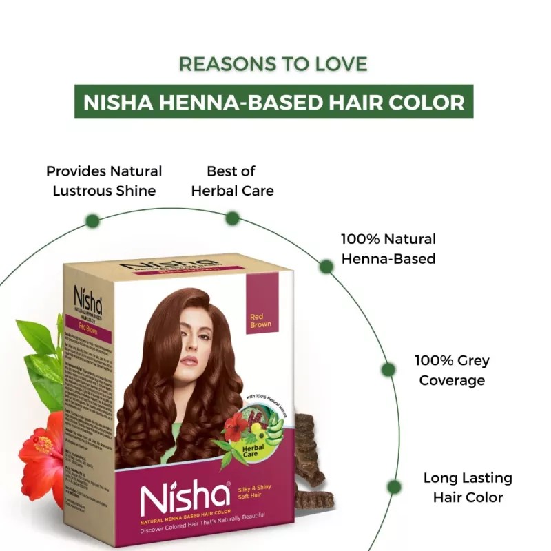 Nisha Henna Based Hair Color Red Brown And Quick Hair Colour 5 Minute Natural Black (Red Brown 1 Carton Contain 6 N Each 15g + Black 1 Carton Contain 6 N Each 10g) (1Pack)