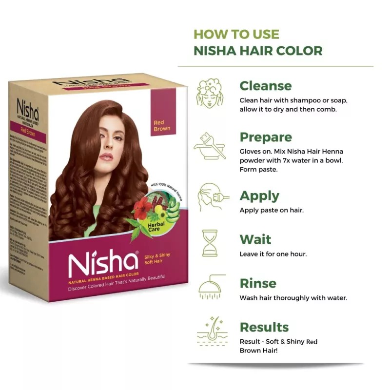 Nisha Henna Based Hair Color Red Brown And Quick Hair Colour 5 Minute Natural Black (Red Brown 1 Carton Contain 6 N Each 15g + Black 1 Carton Contain 6 N Each 10g) (1Pack)