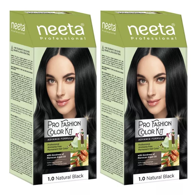 Neeta Pro Fashion Color Kit 1.0 Natural Black (Developer Bottle 50ml + Hair Colorant Tube 50g) (1Pack, Pack of 2)