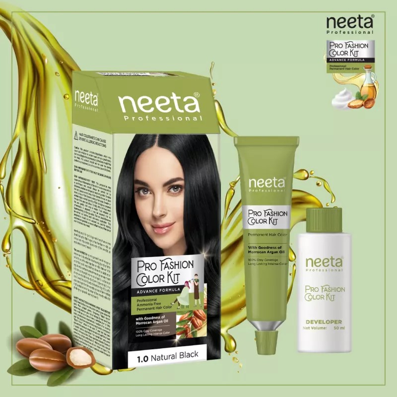 Neeta Pro Fashion Color Kit 1.0 Natural Black (Developer Bottle 50ml + Hair Colorant Tube 50g) (1Pack, Pack of 2)