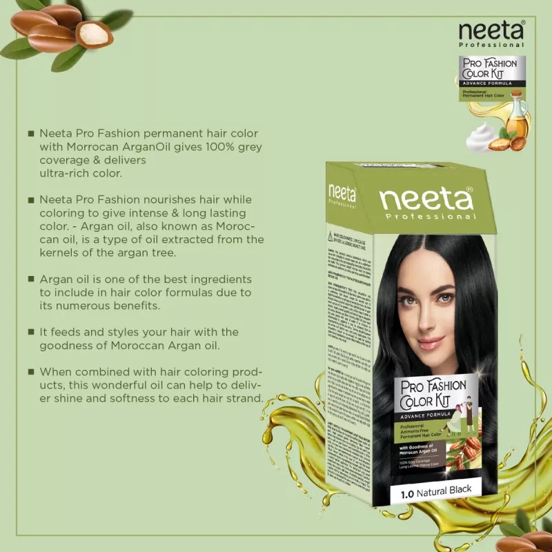 Neeta Pro Fashion Color Kit 1.0 Natural Black (Developer Bottle 50ml + Hair Colorant Tube 50g) (1Pack, Pack of 2)
