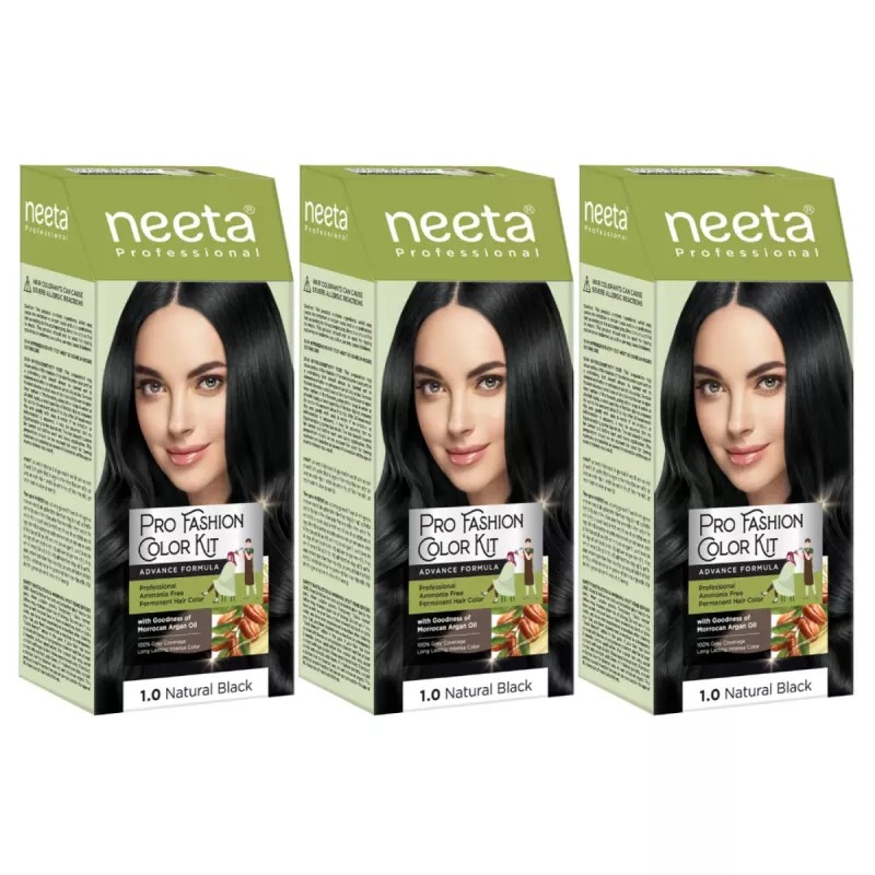 Neeta Pro Fashion Color Kit 1.0 Natural Black (Developer Bottle 50ml + Hair Colorant Tube 50g) (1Pack, Pack of 3)