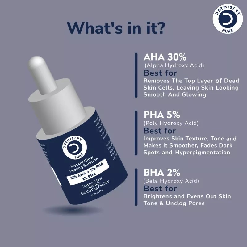 Dermistry 30% AHA 5% PHA 2% BHA Instant Glow Peeling Solution Face Serum & Skin Perfecting Face Cream (Serum 30ml + Cream 50ml) (1Pack)