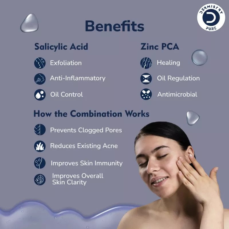 Dermistry 2% Salicylic Acid 2% Zinc PCA Acne Face Serum & Natural Mineral Sunscreen SPF 50 PA+++ (Serum 30ml + Sunscreen 50ml) (1Pack)