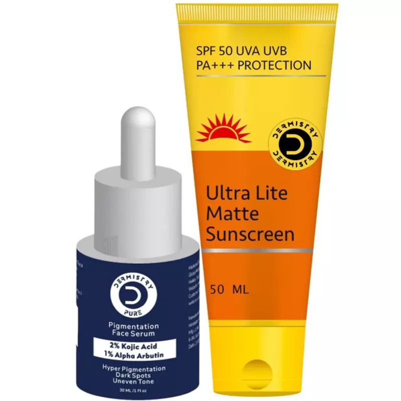 Dermistry 2% Kojic Acid 1% Alpha Arbutin Pigmentation Face Serum & Ultra Lite Matte Sunscreen SPF 50+++ (Serum 30ml + Sunscreen 50ml) (1Pack)