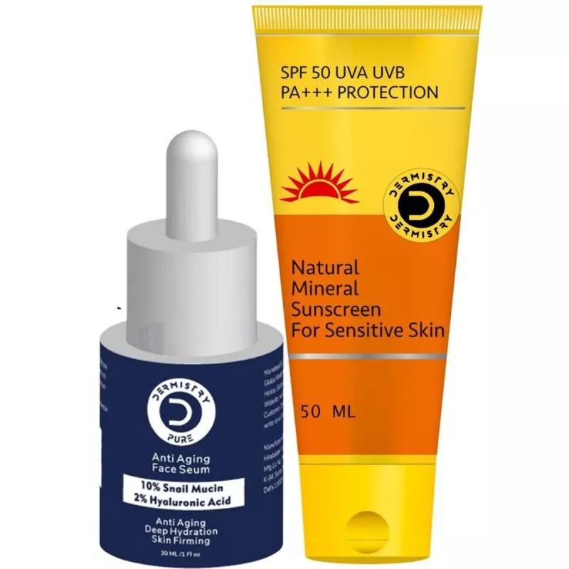 Dermistry 10% Snail Mucin 2% Hyaluronic Acid Anti Aging Face Serum & Natural Mineral Sunscreen 50 SPF+++ (Serum 30ml + Sunscreen 50ml) (1Pack)