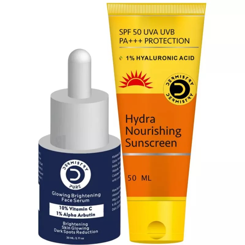 Dermistry 10% Vitamin C 1% Alpha Arbutin Glownig Brightening Face Serum & Hydra Nourishing Sunscreen 50 SPF+++ (Serum 30ml + Sunscreen 50ml) (1Pack)
