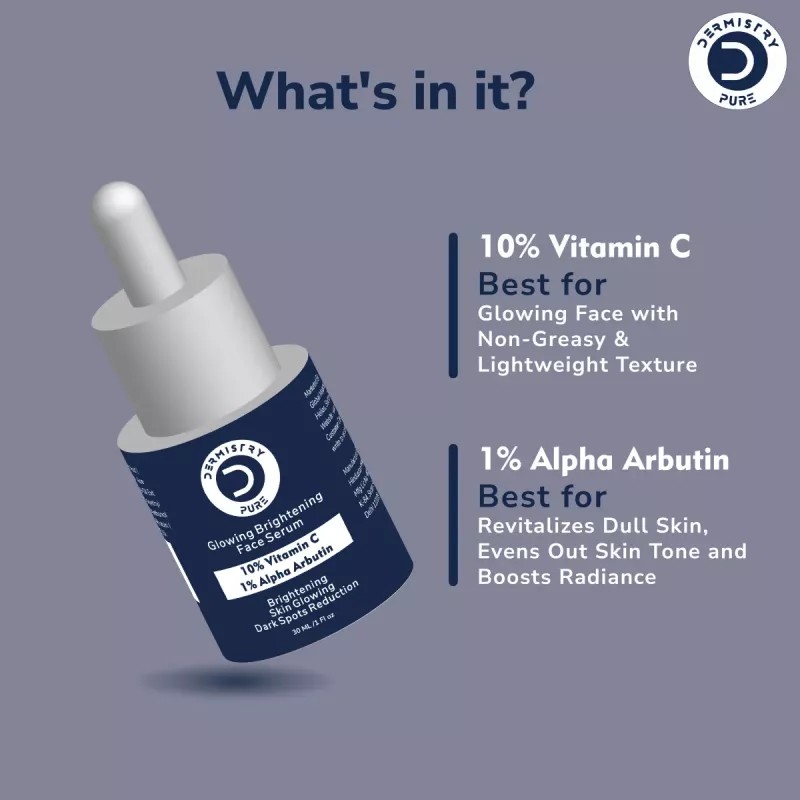 Dermistry 10% Vitamin C 1% Alpha Arbutin Glownig Brightening Face Serum & Hydra Nourishing Sunscreen 50 SPF+++ (Serum 30ml + Sunscreen 50ml) (1Pack)