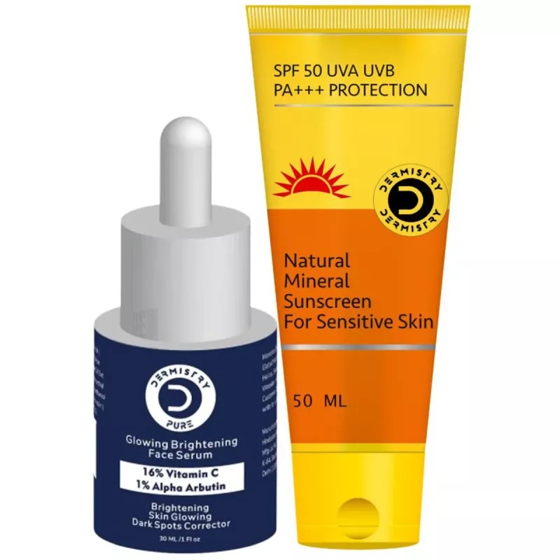 Dermistry 16% Vitamin C 1% Alpha Arbutin Glowing Brightening Serum & Natural Mineral Sunscreen 50 SPF+++ (Serum 30ml + Sunscreen 50ml) (1Pack)