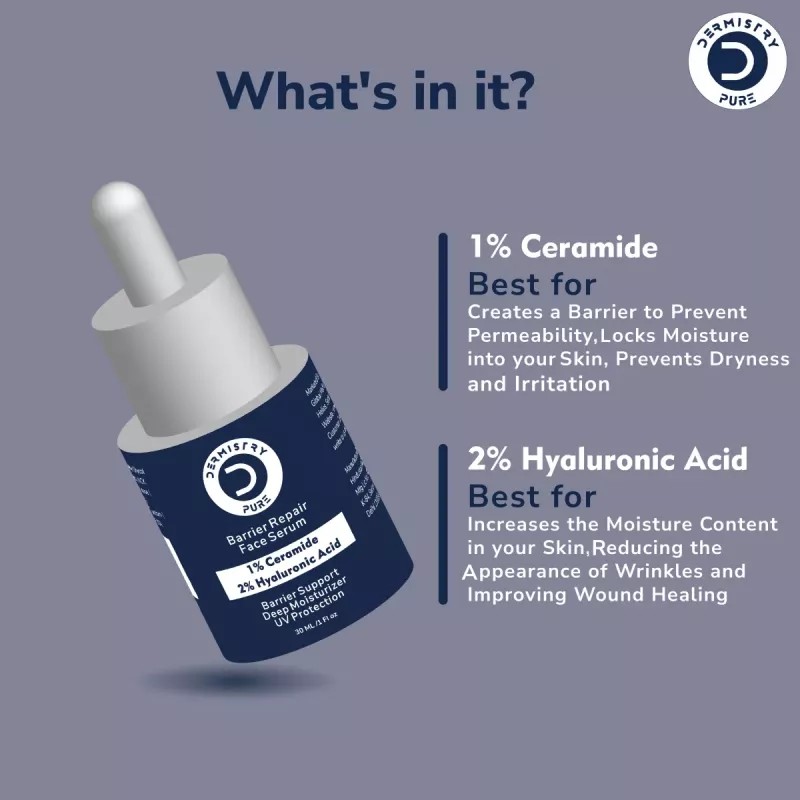 Dermistry 1% Ceramide 2% Hyaluronic Acid Barrier Repair Face Serum & Ultra Lite Matte Sunscreen SPF 50+++ (Serum 30ml + Sunscreen 50ml) (1Pack)