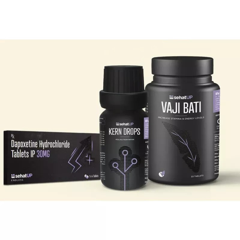 SehatUP Dapoxetine Hydrochloride Tablets Ip (30mg) + Kern Drops + Vaji Bati Tablets (4Tab + 30ml + 30Tab) (1Pack)