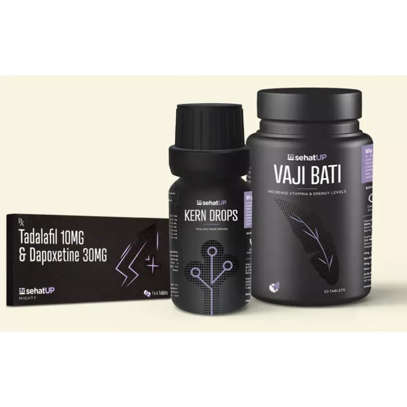 SehatUP Tadalafil & Dapoxetine Tablets (10mg/30mg) + Kern Drops + Vaji Bati Tablets (4Tab + 30ml + 30Tab) (1Pack)