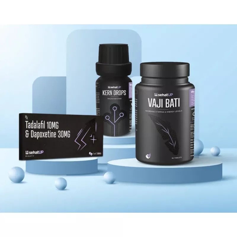 SehatUP Tadalafil & Dapoxetine Tablets (10mg/30mg) + Kern Drops + Vaji Bati Tablets (4Tab + 30ml + 30Tab) (1Pack)