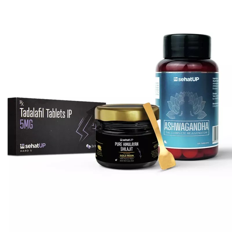 SehatUP Tadalafil Tablets Ip (5mg) (3Strip) + Shilajit Gold Resin + Ashwagandha Tablets (4Tab + 20g + 60Tab) (1Pack)
