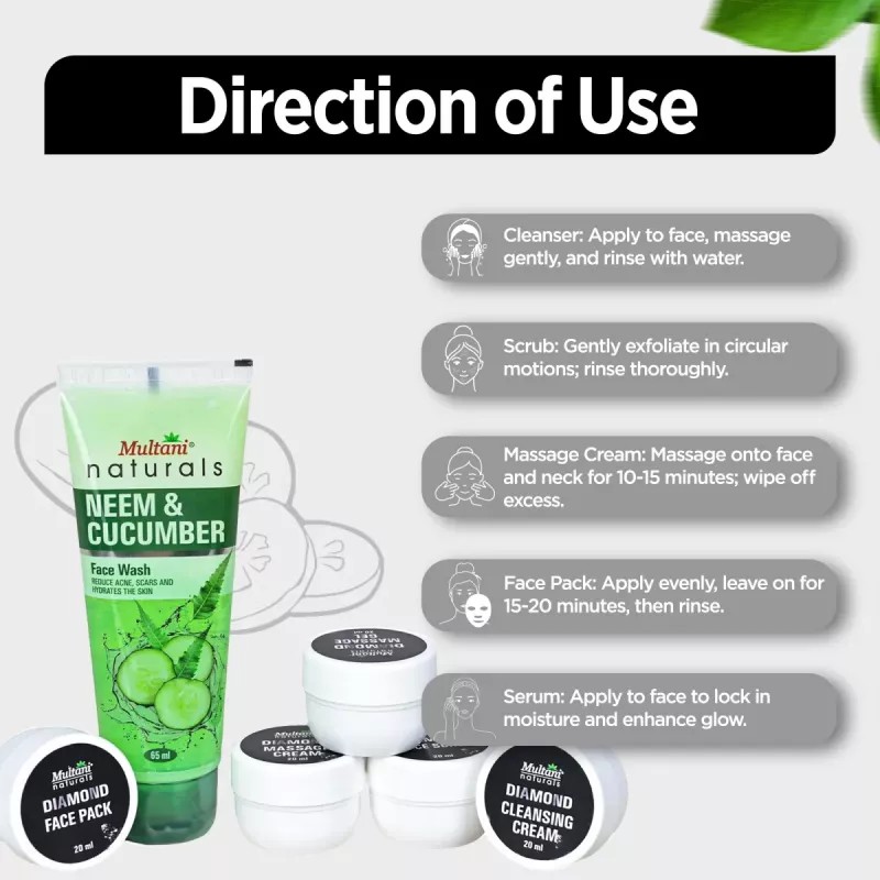 Multani Naturals Diamond Facial Kit For Diamond Glow (Cleansing Cream 20ml + Massage Cream 20ml + Face Scrub 20ml + Face Pack 20ml + Massage Gel 20ml) (100g)