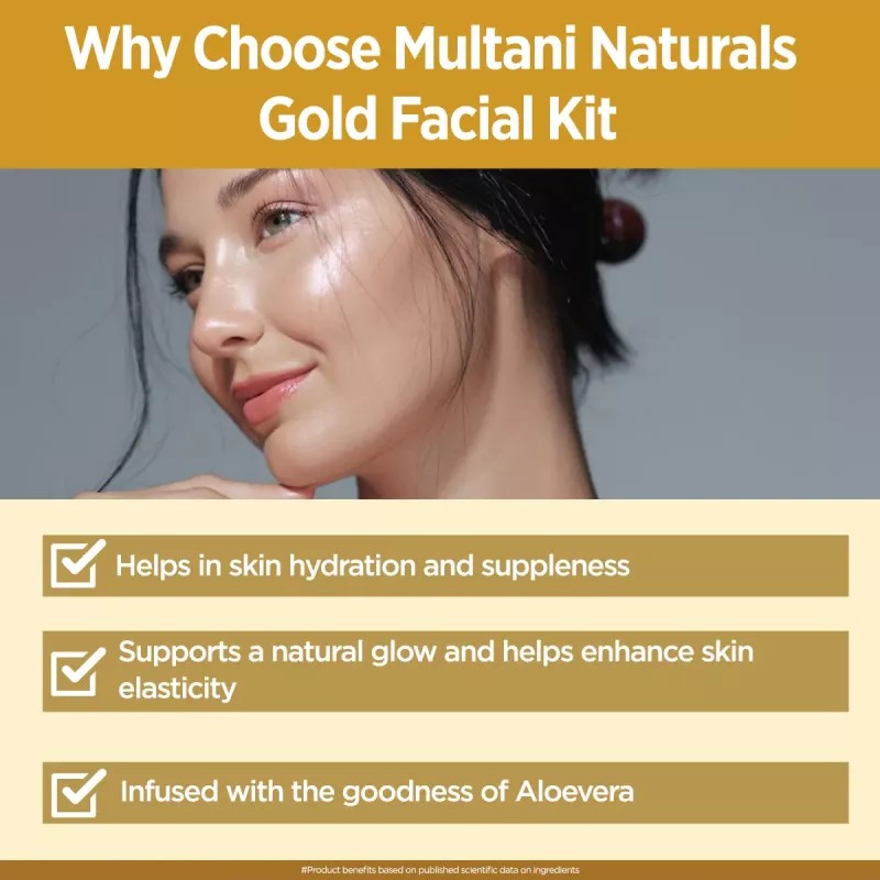 Multani Naturals Gold Facial Kit Contains For Golden Glow (Cleansing Cream 20ml + Massage Cream 20ml + Face Scrub 20ml + Face Pack 20ml + Massage Gel 20ml) (100g)