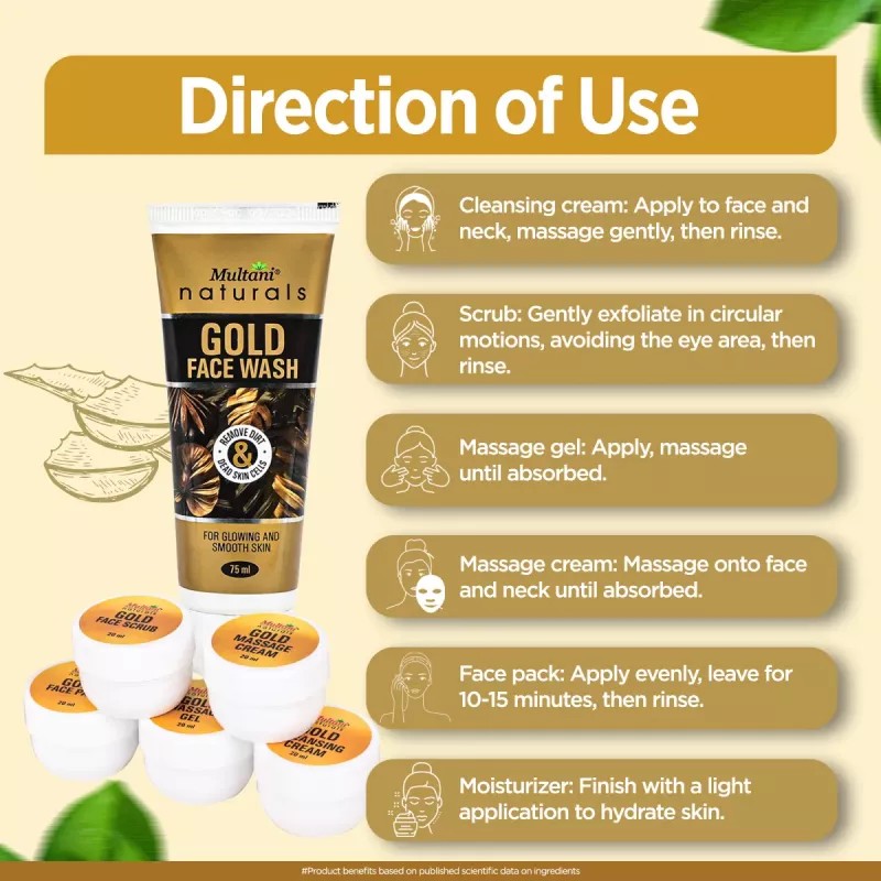 Multani Naturals Gold Facial Kit Contains For Golden Glow (Cleansing Cream 20ml + Massage Cream 20ml + Face Scrub 20ml + Face Pack 20ml + Massage Gel 20ml) (100g)