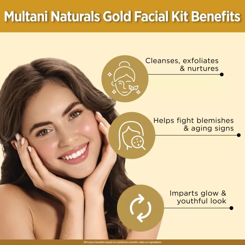 Multani Naturals Gold Facial Kit Contains For Golden Glow (Cleansing Cream 20ml + Massage Cream 20ml + Face Scrub 20ml + Face Pack 20ml + Massage Gel 20ml) (100g)