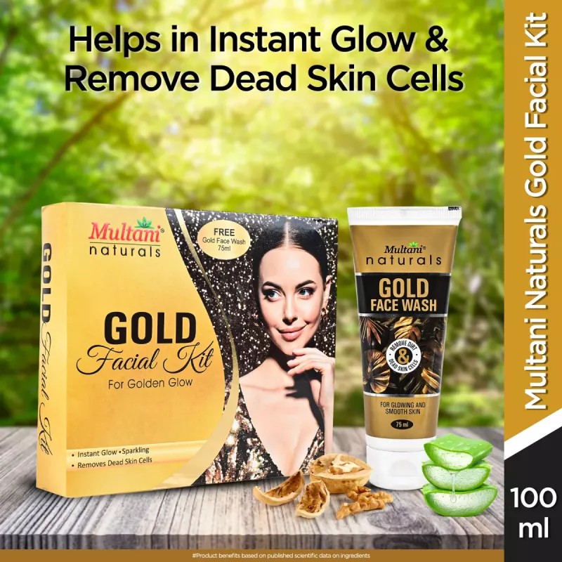 Multani Naturals Gold Facial Kit Contains For Golden Glow (Cleansing Cream 20ml + Massage Cream 20ml + Face Scrub 20ml + Face Pack 20ml + Massage Gel 20ml) (100g)