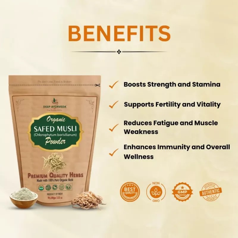 Deep Ayurveda Organic Safed Musli (Chlorophytum Borivilianum) Powder (100g, Pack of 2)