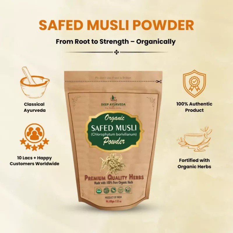 Deep Ayurveda Organic Safed Musli (Chlorophytum Borivilianum) Powder (100g, Pack of 2)