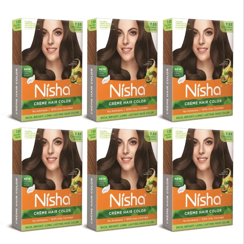 Nisha Creme Hair Color 7.53 Chocolate Blonde (Colorant 20g + Developer 20ml) (1Pack, Pack of 6)