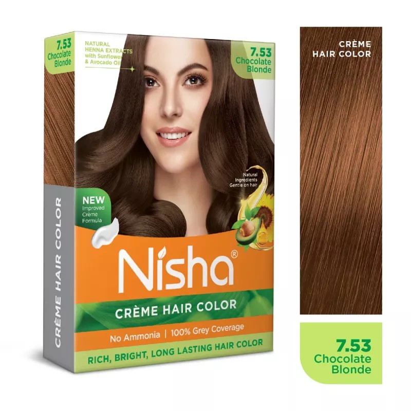 Nisha Creme Hair Color 7.53 Chocolate Blonde (Colorant 20g + Developer 20ml) (1Pack, Pack of 6)