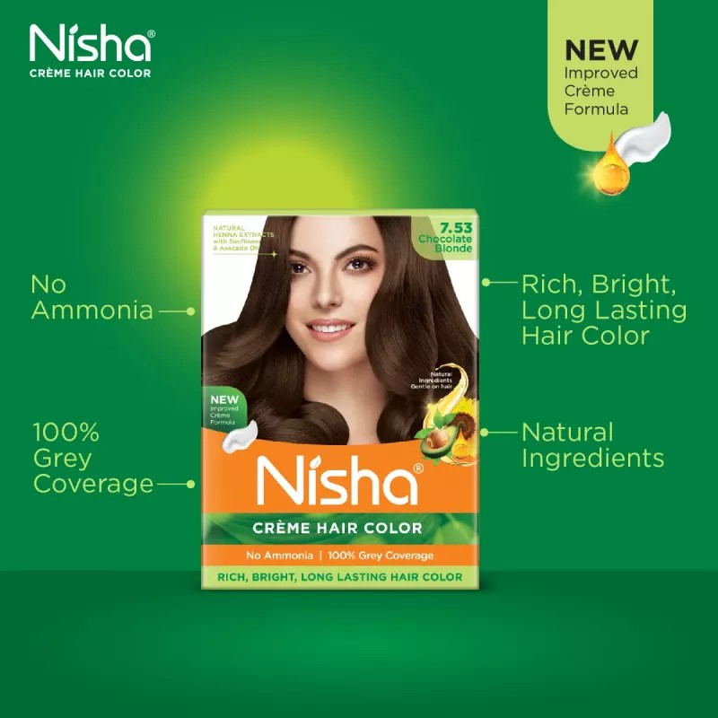 Nisha Creme Hair Color 7.53 Chocolate Blonde (Colorant 20g + Developer 20ml) (1Pack, Pack of 6)