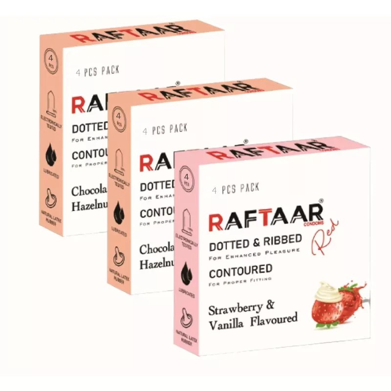 Raftaar Dotted & Ribbed Contoured Strawberry & Vanilla + Chocolate & Hazelnut Condoms (Chocolate 2 Box Each 4Pcs + Strawberry 1 Box 4Pcs) (1Pack)