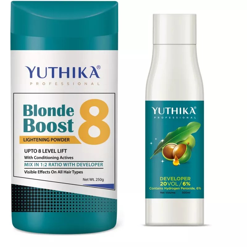 Yuthika Blonder Powder 8 + Hair Color Developer 20 Volume 6% (Powder 250g + Developer 500ml) (1Pack)