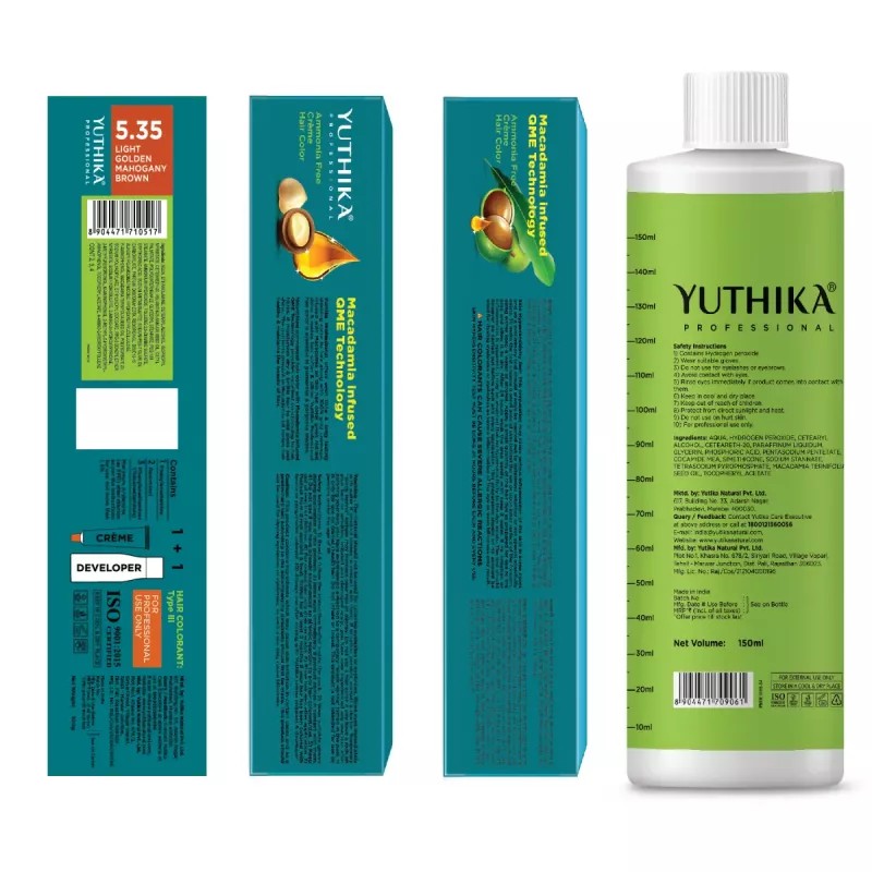 Yuthika 5.35 Light Golden Mahogany Brown Hair Colour + Developer 30 Volume 9% (Hair Color 100g + Developer 150ml) (1Pack)
