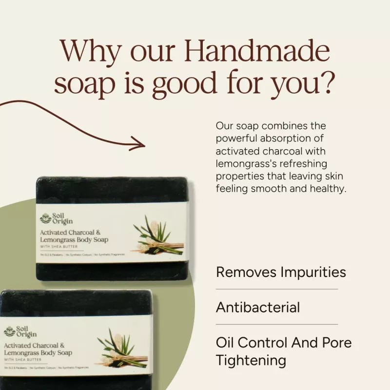 Soil Origin ⁠⁠Activated Charcoal & Lemongrass Body Soap With Shea Butter (100g)