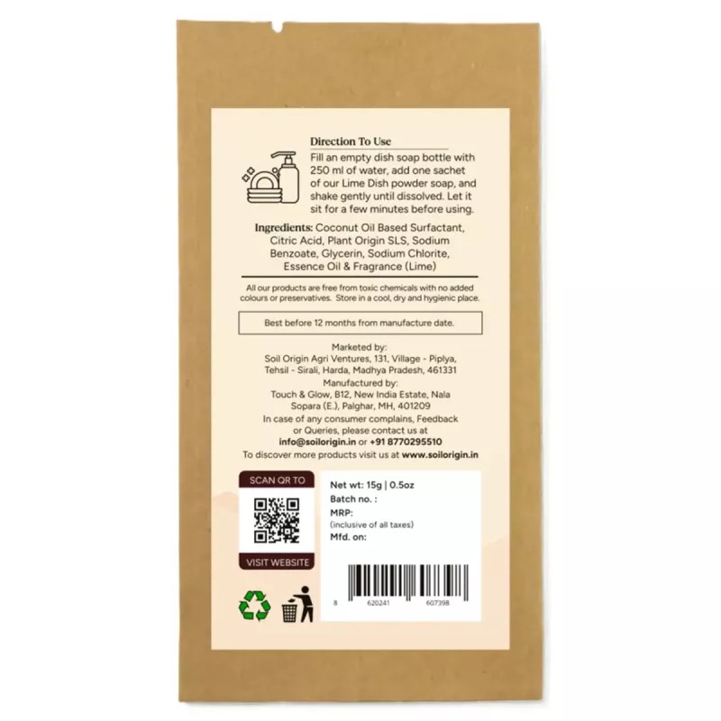 Soil Origin Lime Dishwash (Powder To Liquid) (250ml)