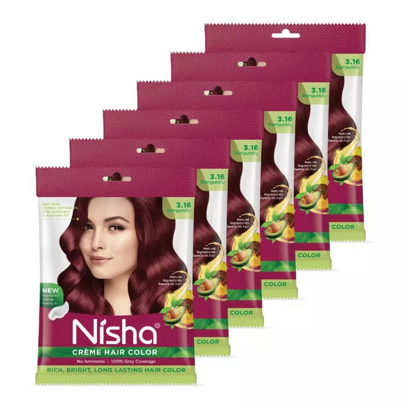 Nisha Creme Hair Color 3.16 Burgundy (Pouch Pack) (Colorant 20g + Developer 20ml) (1Pack, Pack of 6)