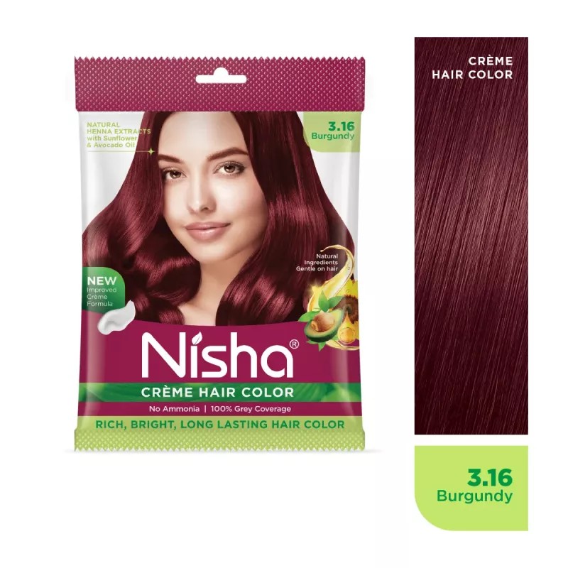 Nisha Creme Hair Color 3.16 Burgundy (Pouch Pack) (Colorant 20g + Developer 20ml) (1Pack, Pack of 6)