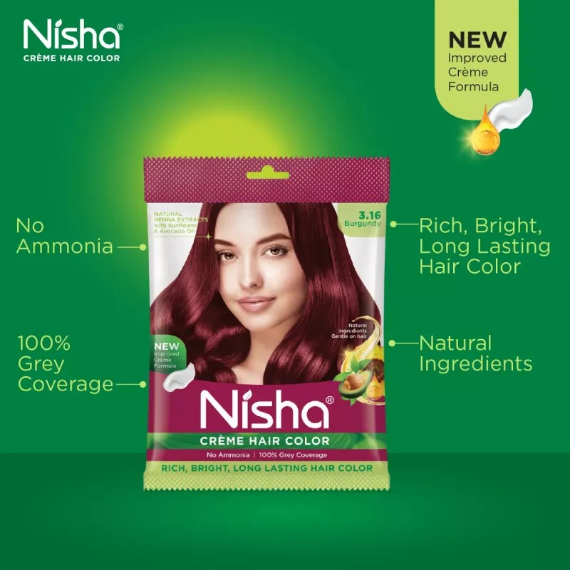 Nisha Creme Hair Color 3.16 Burgundy (Pouch Pack) (Colorant 20g + Developer 20ml) (1Pack, Pack of 6)