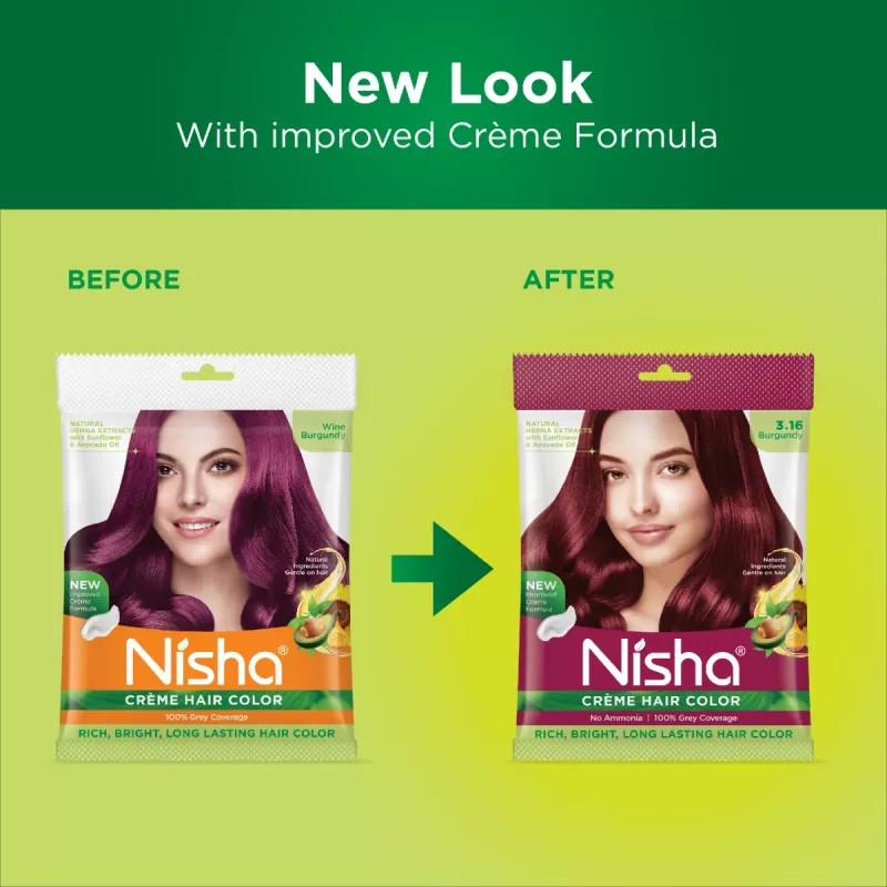 Nisha Creme Hair Color 3.16 Burgundy (Pouch Pack) (Colorant 20g + Developer 20ml) (1Pack, Pack of 6)