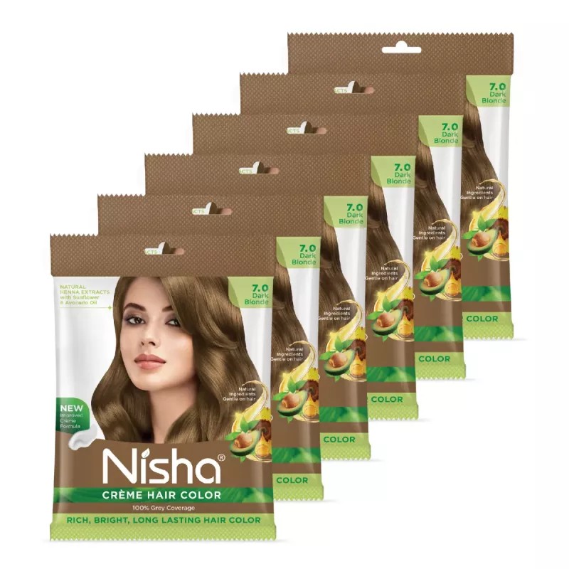 Nisha Creme Hair Color 7.0 Dark Blonde (Pouch Pack) (Colorant 20g + Developer 20ml) (1Pack, Pack of 6)